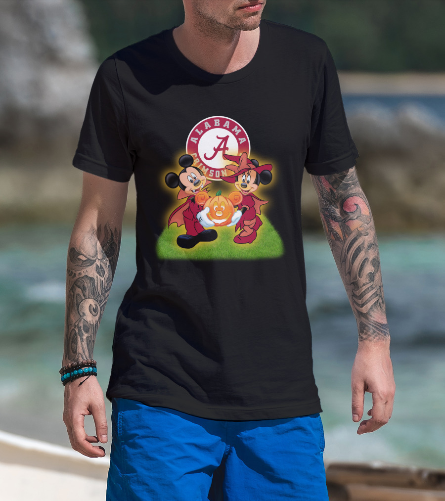 Alabama Crimson Tide Mickey And Minnie Halloween Football Pumpkin T-Shirt