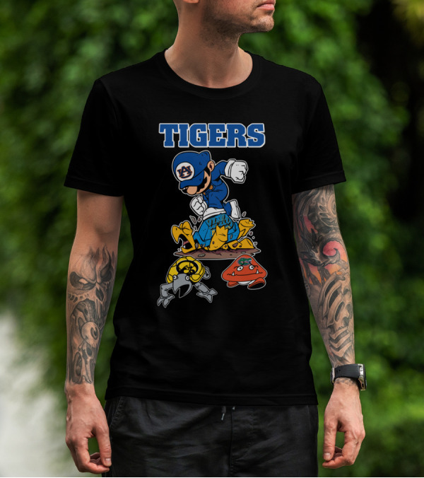 Auburn Tigers Football Character Jumping Over Classic Game Style Opponents T-Shirt