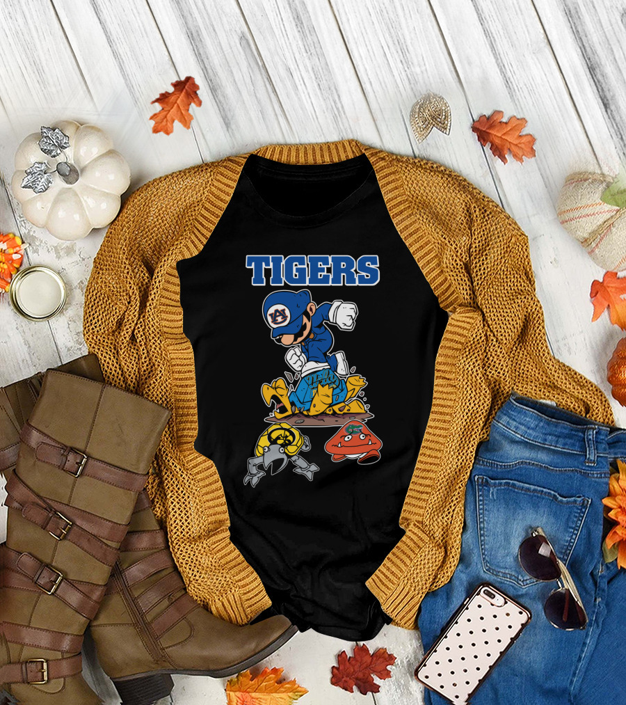 Auburn Tigers Football Character Jumping Over Classic Game Style Opponents T-Shirt