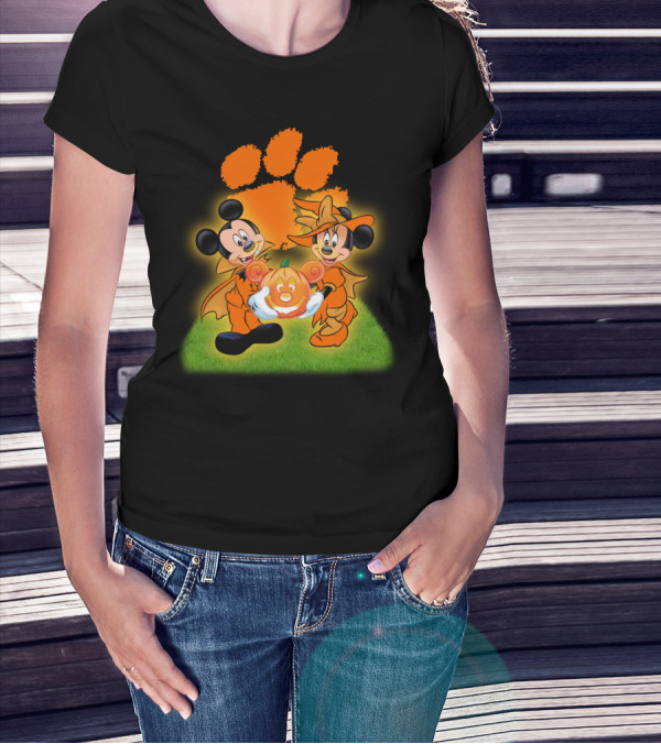 Clemson Halloween Football Mickey Minnie Pumpkin Paws T-Shirt