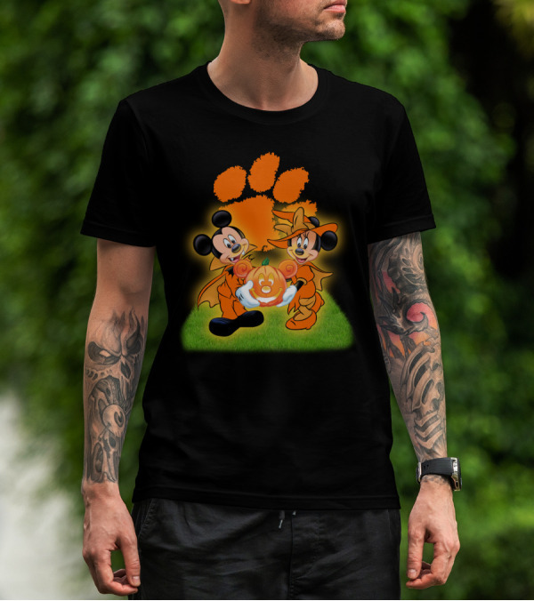 Clemson Halloween Football Mickey Minnie Pumpkin Paws T-Shirt