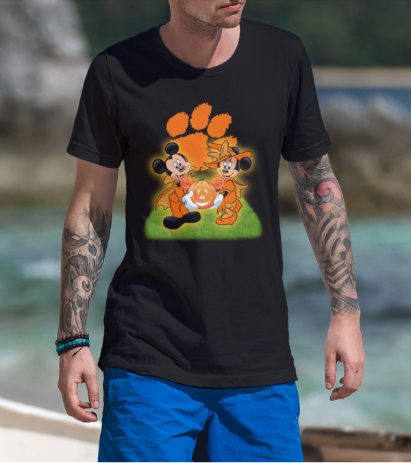 Clemson Halloween Football Mickey Minnie Pumpkin Paws T-Shirt