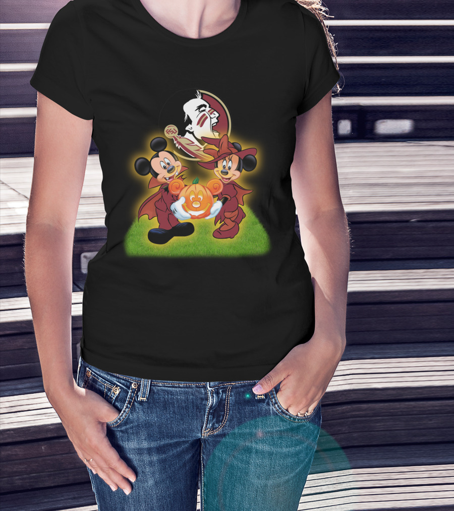 Fsu Football Halloween Mickey And Minnie With Pumpkin T-Shirt