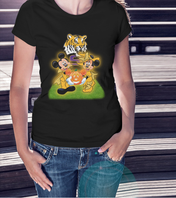 LSU Football Halloween Mickey And Minnie With Pumpkin Tiger T-Shirt