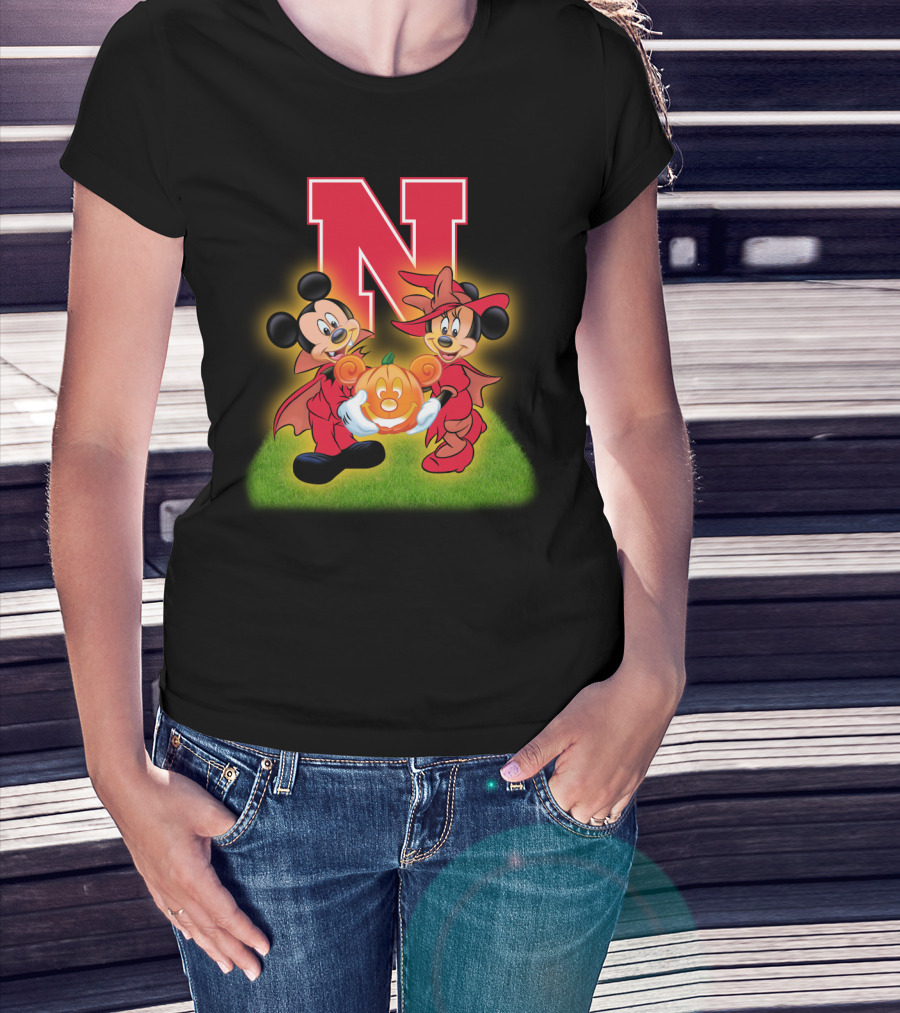 Halloween Nebraska Cornhuskers Football Mickey Minnie Pumpkin T-Shirt