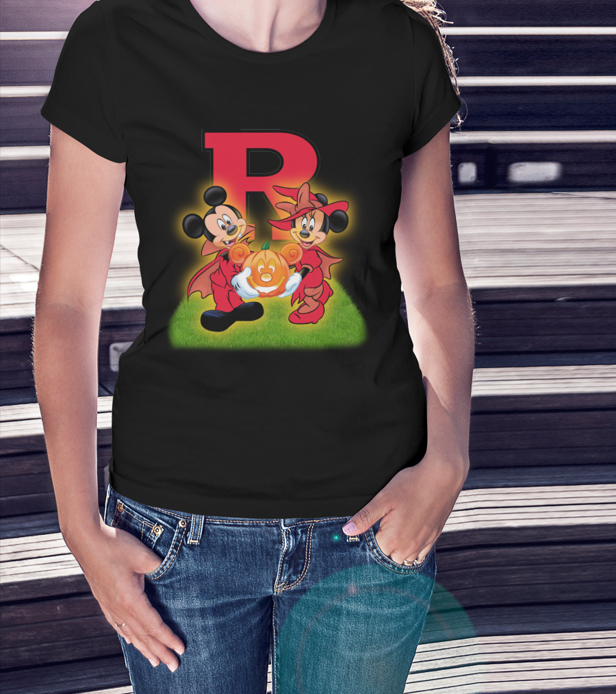 R Rutgers Halloween Mickey Minnie Pumpkin Football T-Shirt