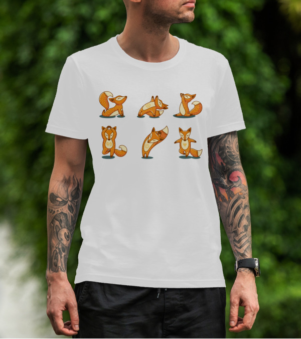 Fox Yoga Poses Playful Cartoon Style T-Shirt