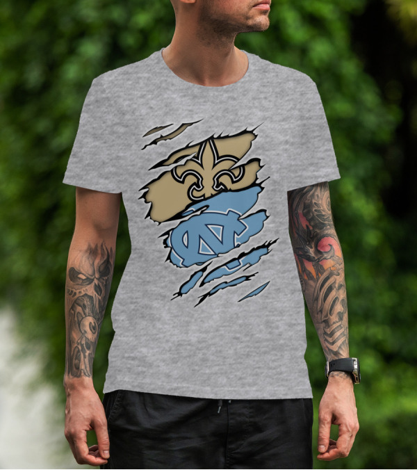 Saints Fleur-de-Lis And UNC Tar Heels NC Logo Fusion T-Shirt