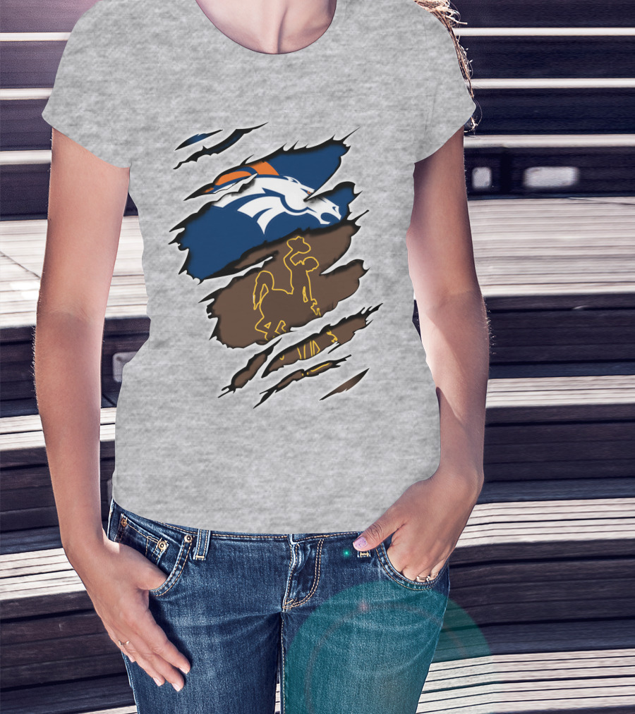 Denver Broncos And Wyoming Cowboys Ripped T-Shirt