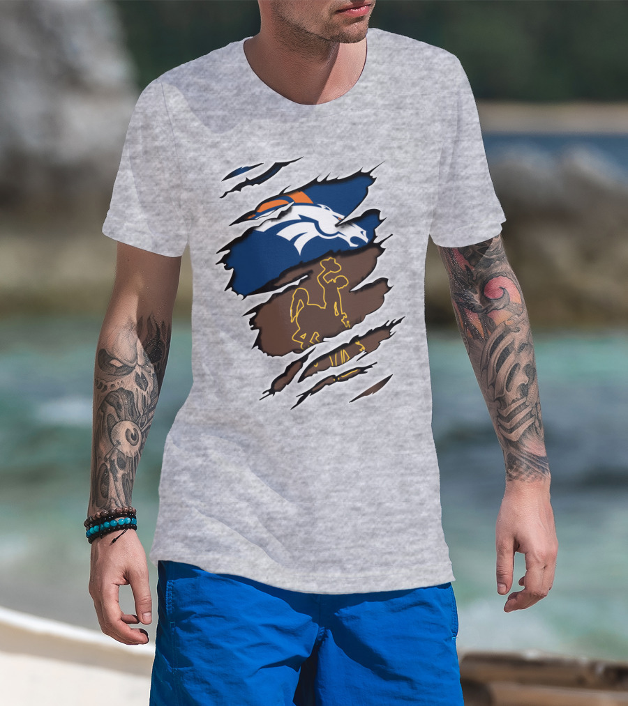 Denver Broncos And Wyoming Cowboys Ripped T-Shirt