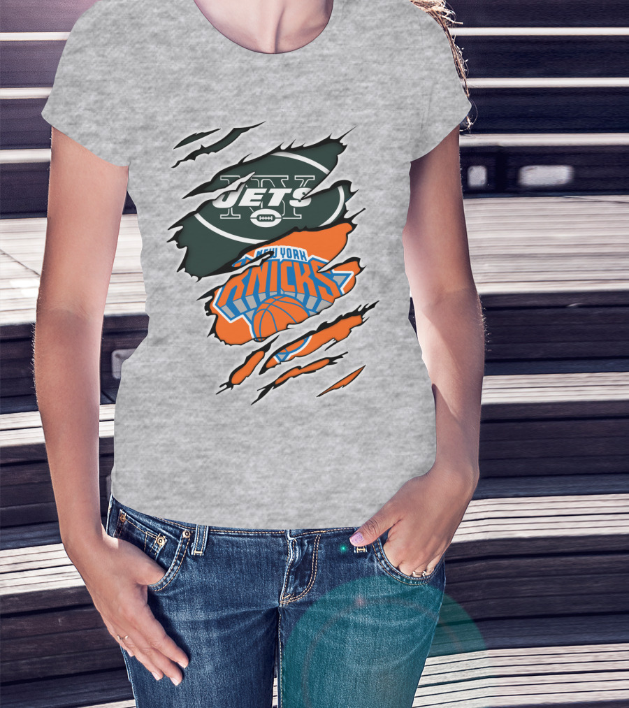 New York Jets Knicks Basketball Football Fan Crossover T-Shirt