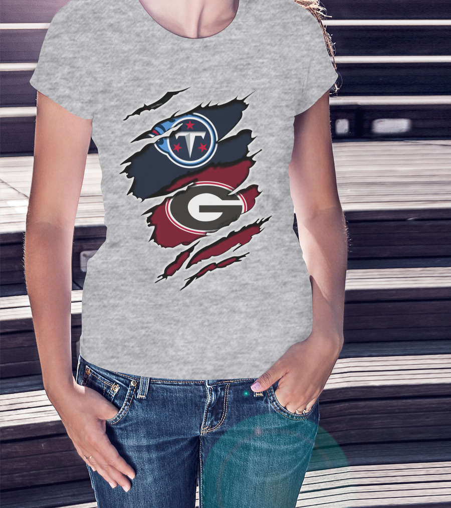 Tennessee Titans Georgia Bulldogs Claw Marks Fusion Logo With Team Icons And Colors T-Shirt
