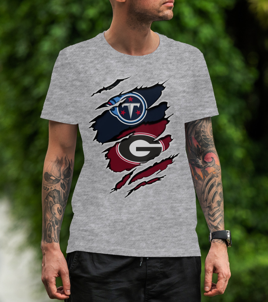 Tennessee Titans Georgia Bulldogs Claw Marks Fusion Logo With Team Icons And Colors T-Shirt