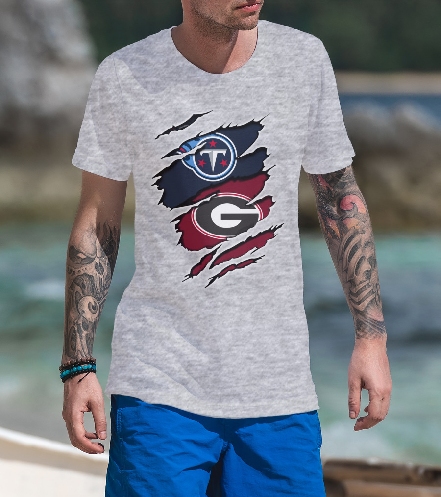 Tennessee Titans Georgia Bulldogs Claw Marks Fusion Logo With Team Icons And Colors T-Shirt