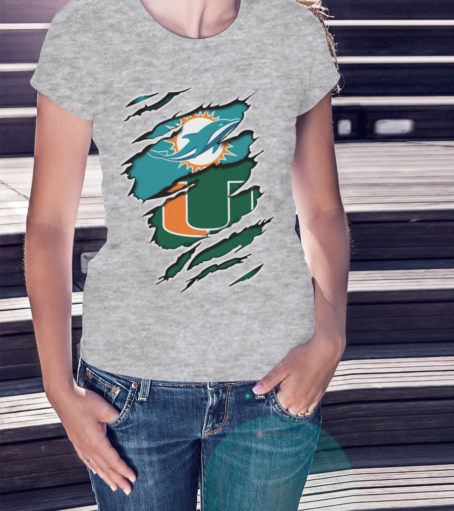 Miami Dolphins Miami Hurricanes Fan Torn U Logo Dolphin T-Shirt