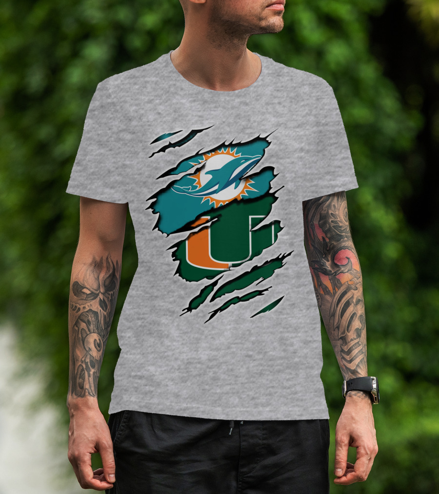 Miami Dolphins Miami Hurricanes Fan Torn U Logo Dolphin T-Shirt