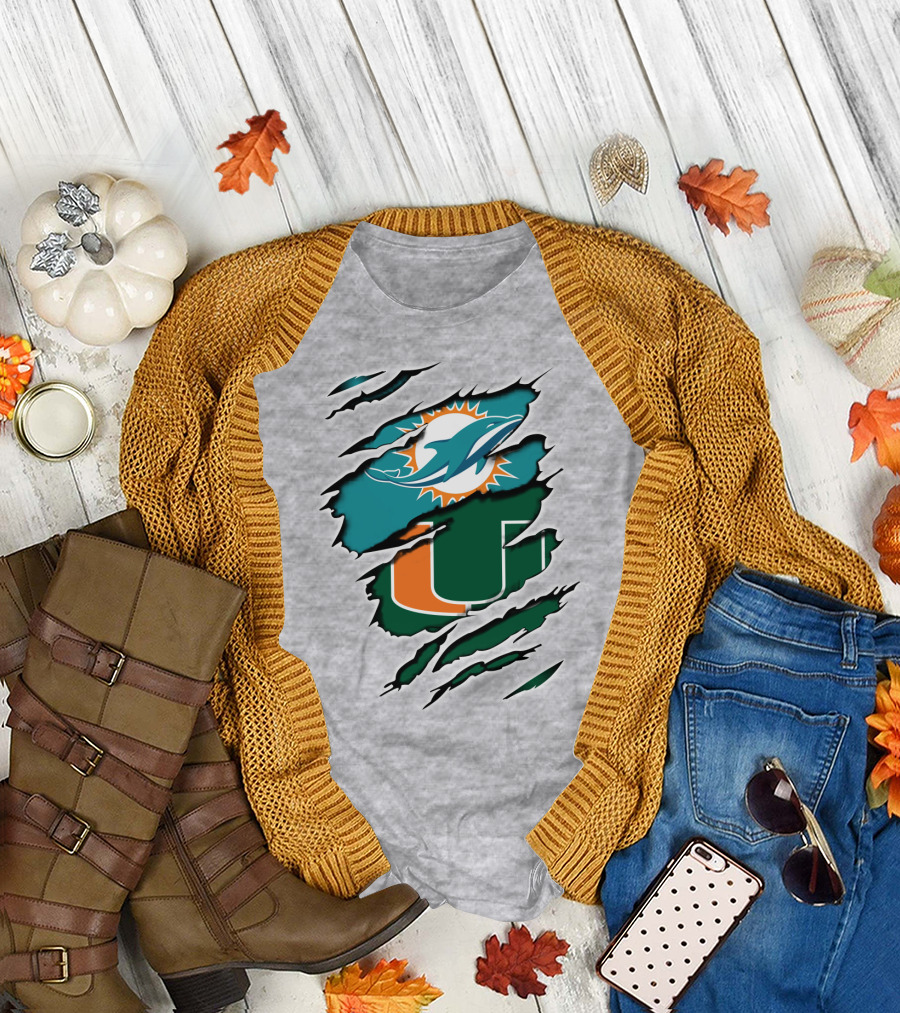 Miami Dolphins Miami Hurricanes Fan Torn U Logo Dolphin T-Shirt