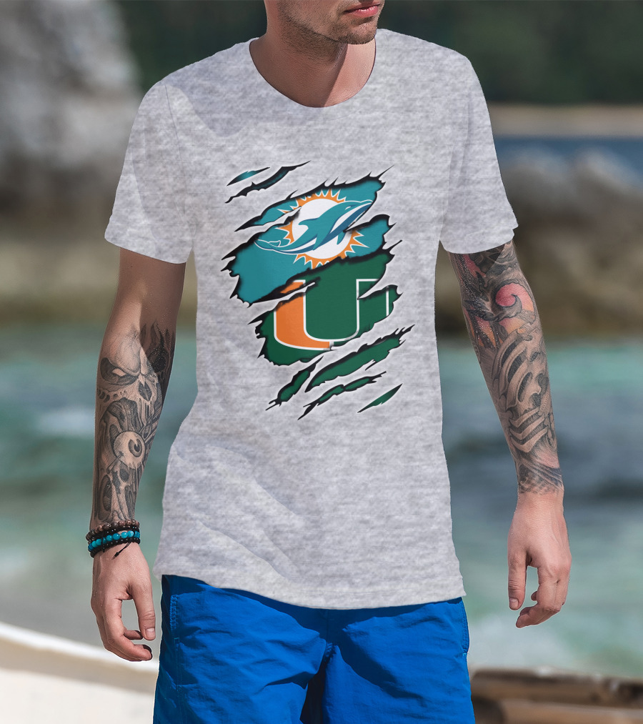 Miami Dolphins Miami Hurricanes Fan Torn U Logo Dolphin T-Shirt