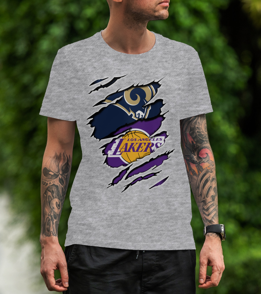 Los Angeles Rams Lakers Logos Scratch Sports Collaboration T-Shirt