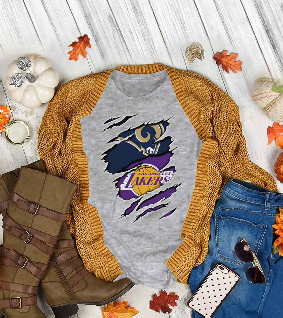 Los Angeles Rams Lakers Logos Scratch Sports Collaboration T-Shirt