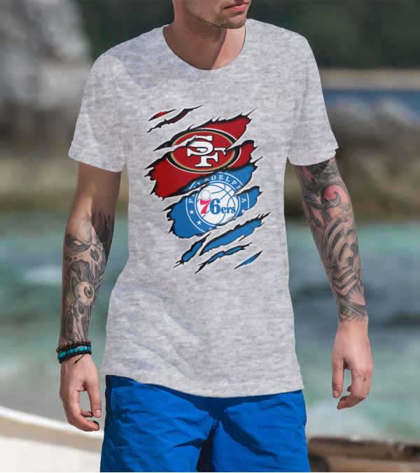 49ERS SF 76ERS PHILADELPHIA LOGOS IN SCRATCHED T-Shirt