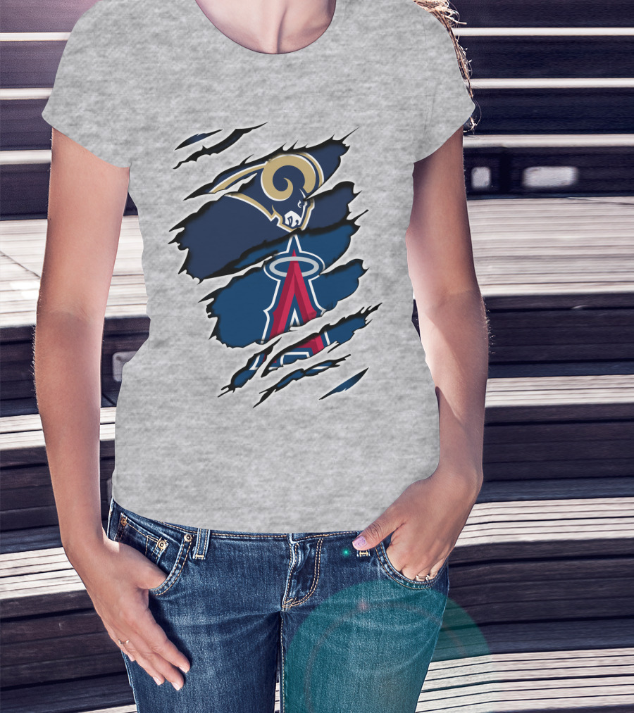 Rams Angels Rams Angles Logo Mashup On Ripped Blue Background T-Shirt