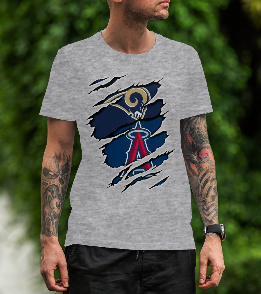 Rams Angels Rams Angles Logo Mashup On Ripped Blue Background T-Shirt