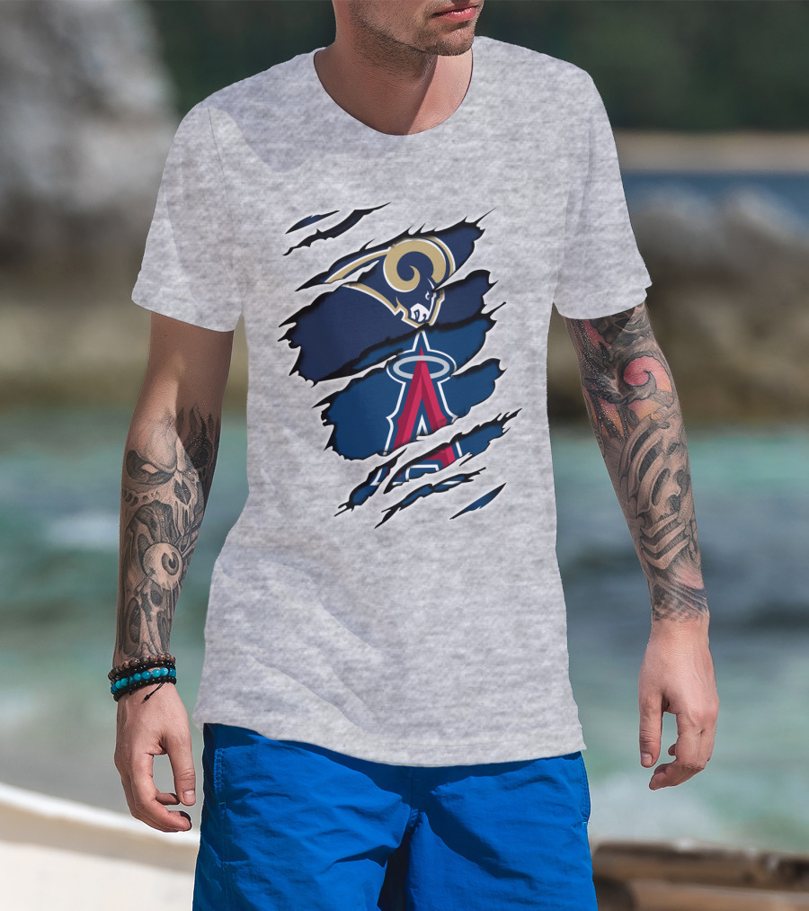 Rams Angels Rams Angles Logo Mashup On Ripped Blue Background T-Shirt