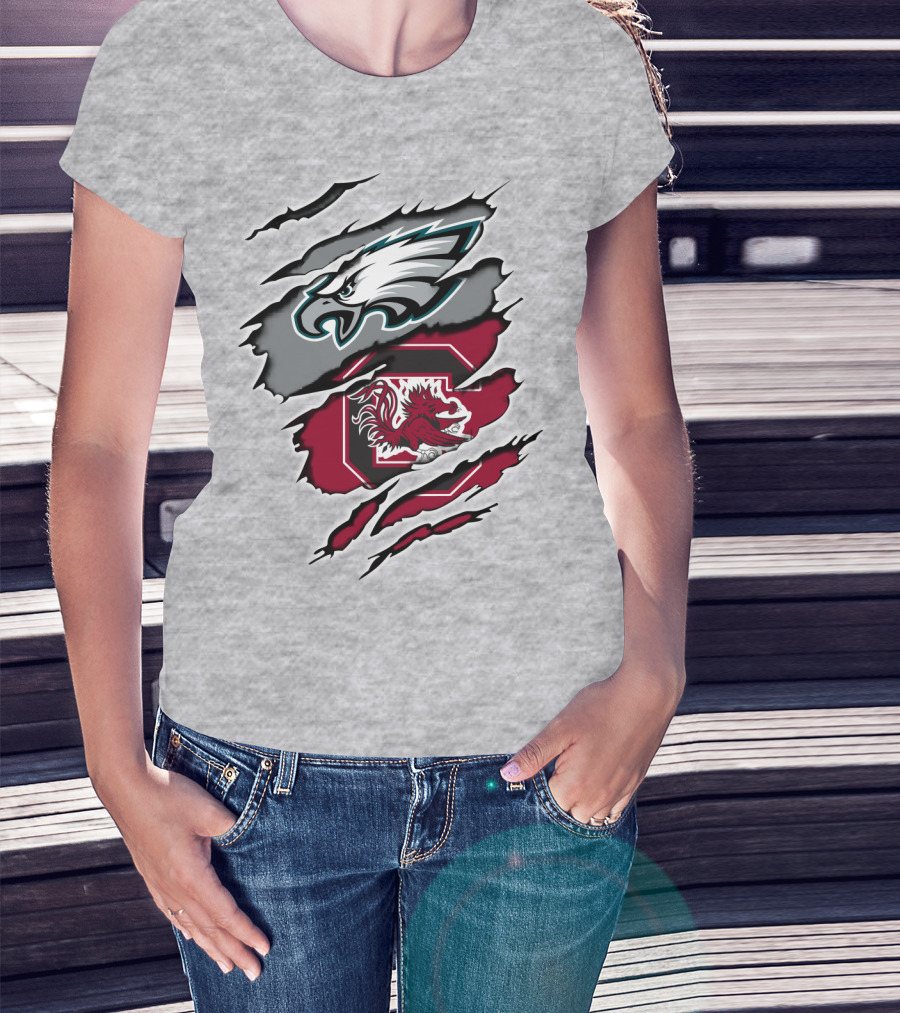 Eagles Gamecocks Logo Clash On Ripped Grey Background T-Shirt