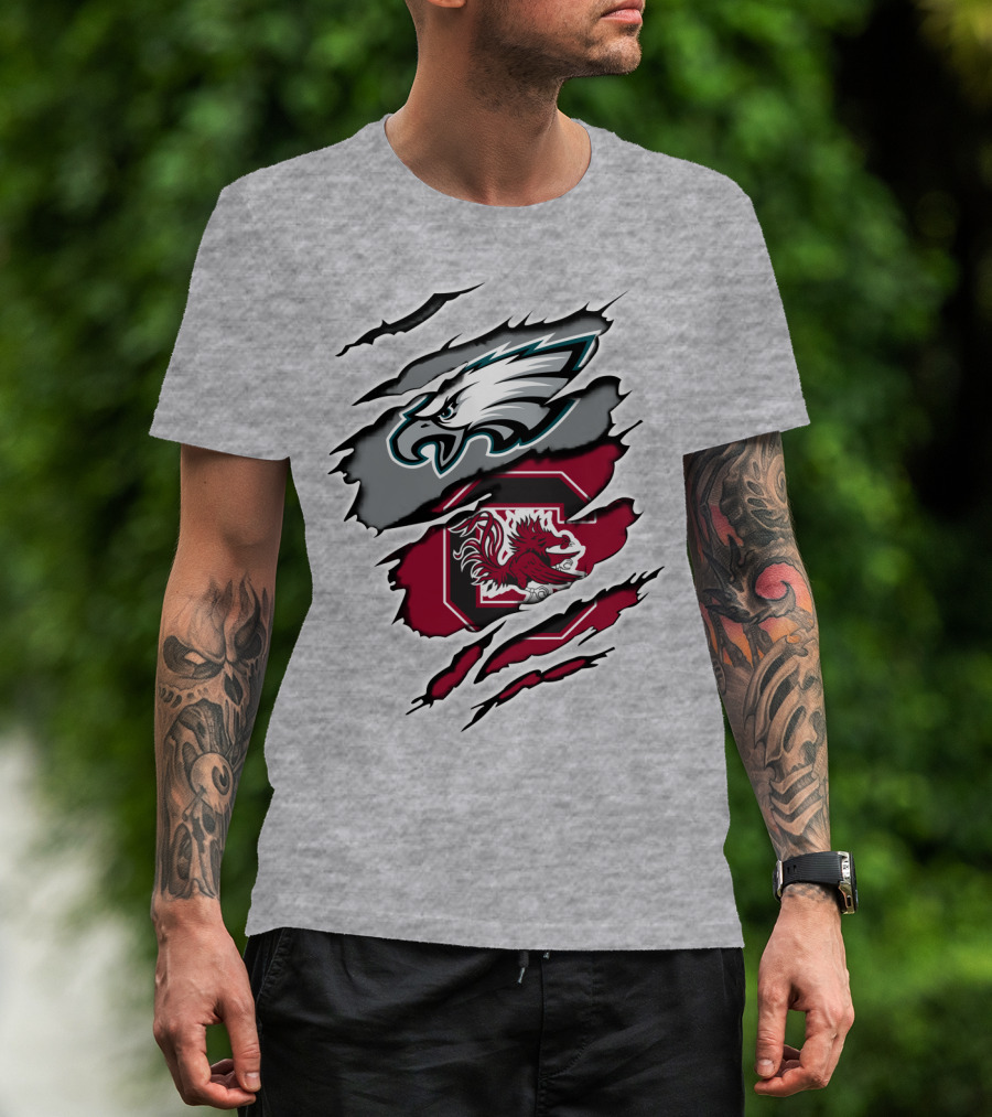 Eagles Gamecocks Logo Clash On Ripped Grey Background T-Shirt