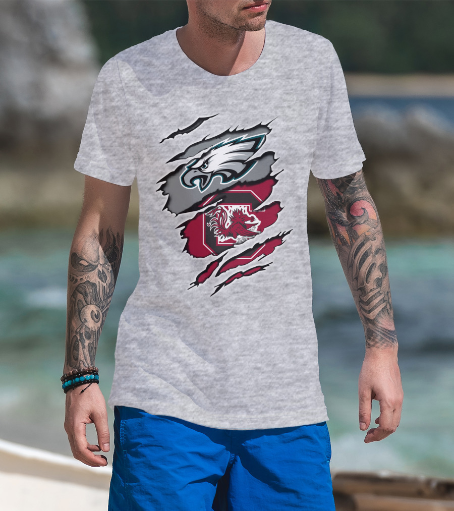 Eagles Gamecocks Logo Clash On Ripped Grey Background T-Shirt