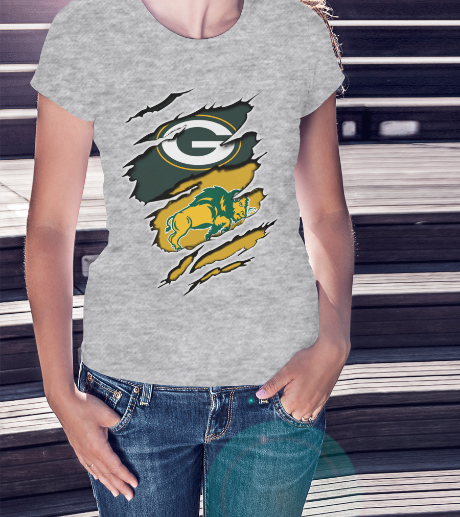 Packers Green And Gold G Logo With Dakota Bison Ripped T-Shirt