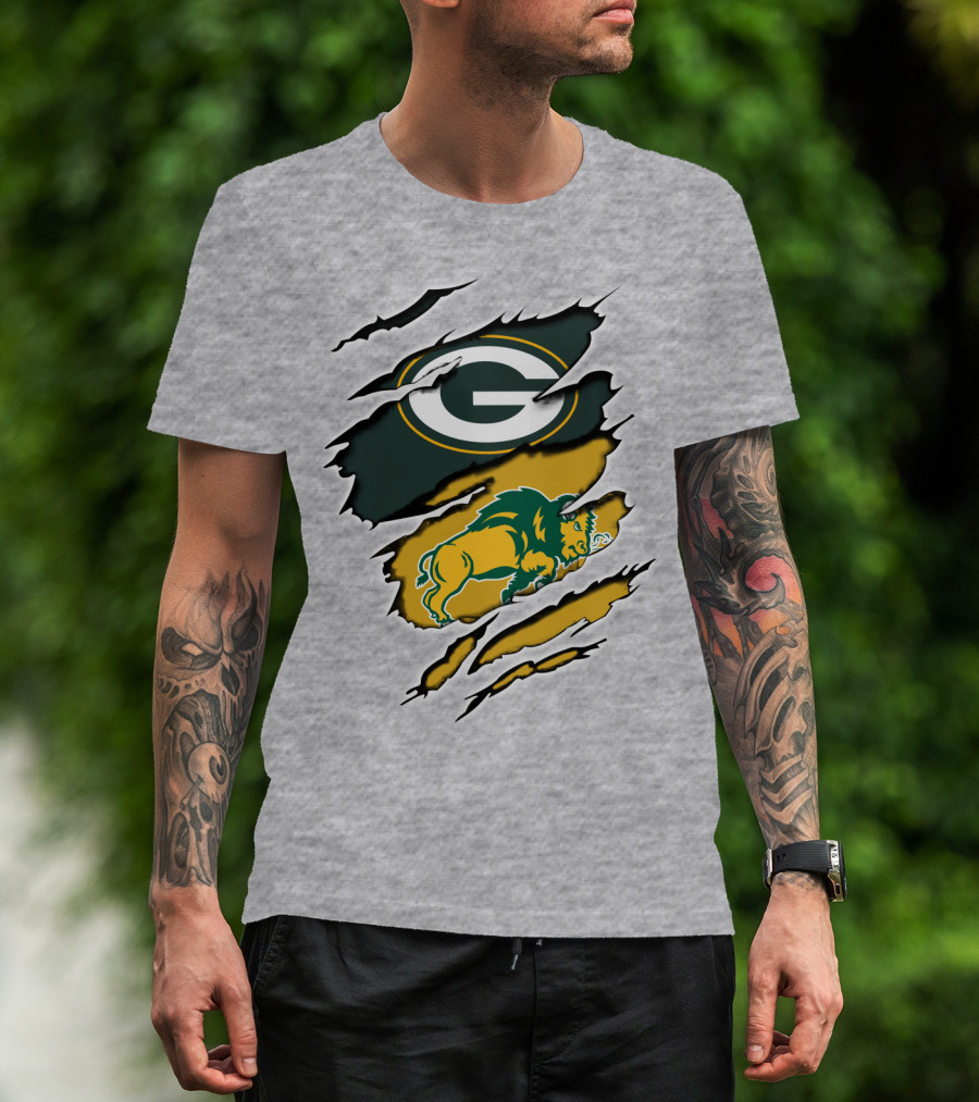 Packers Green And Gold G Logo With Dakota Bison Ripped T-Shirt