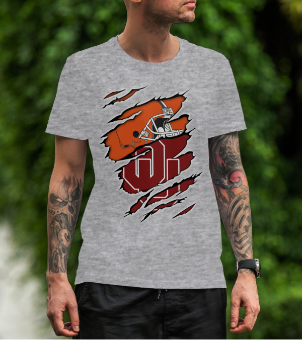 Browns Football Helmet With University Of Oklahoma T-Shirt