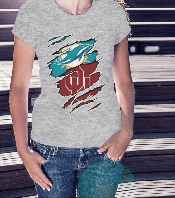 Miami Dolphins Oklahoma Sooners Teal Aqua Crimson Red Blend T-Shirt