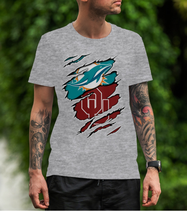 Miami Dolphins Oklahoma Sooners Teal Aqua Crimson Red Blend T-Shirt