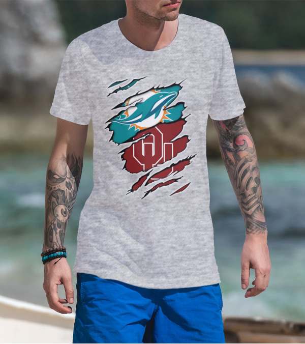 Miami Dolphins Oklahoma Sooners Teal Aqua Crimson Red Blend T-Shirt