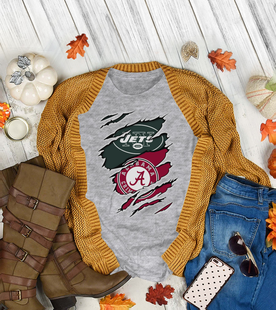Jets Alabama Crimson Tide Football Logo Torn Ripped T-Shirt