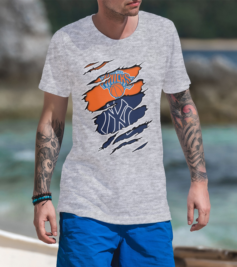 New York Knicks Yankees Torn Logo Fusion T-Shirt