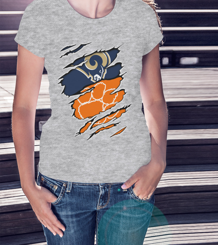 Clemson Tiger Paw With Rams Horns Logo Combo T-Shirt