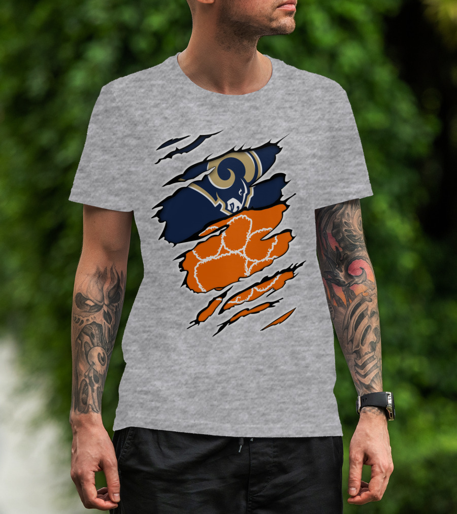 Clemson Tiger Paw With Rams Horns Logo Combo T-Shirt
