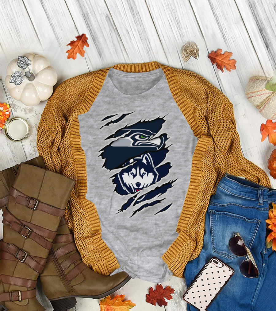 Seahawks Huskies Logo Mashup Aggressive Ripped T-Shirt