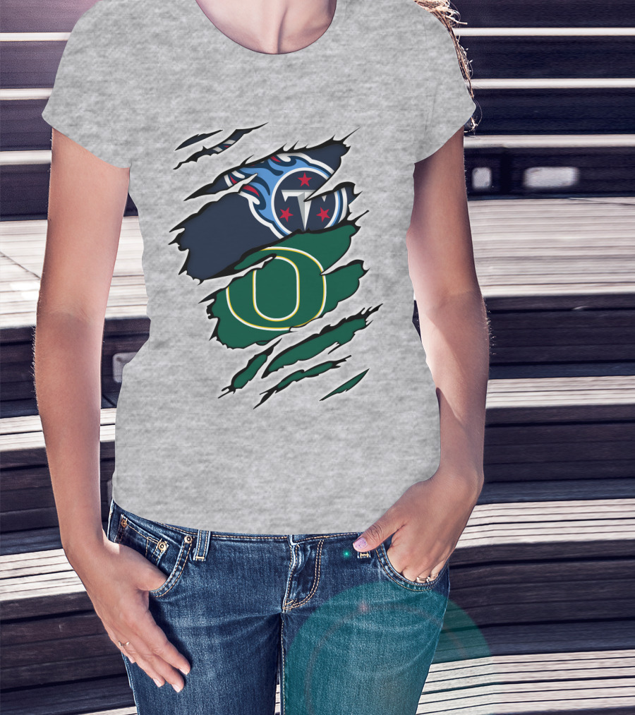 Tennessee Titans And Oregon Ducks Ripped Logo Claw Marks T-Shirt
