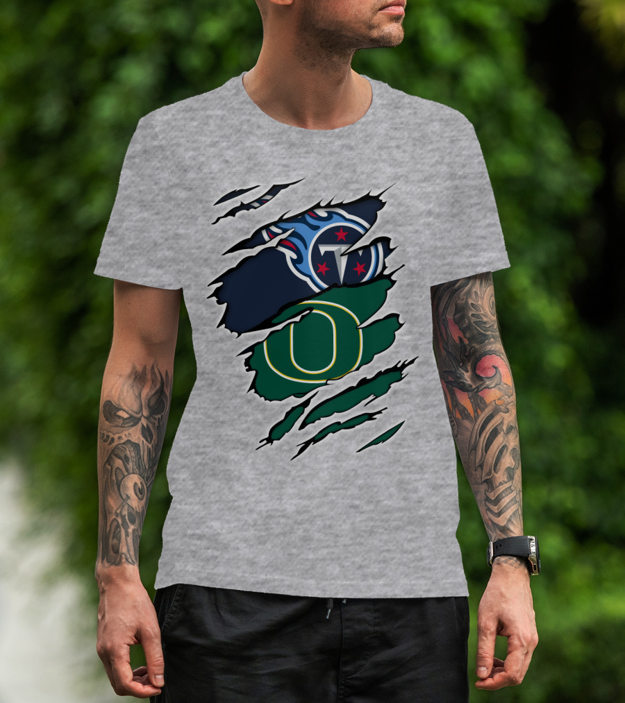 Tennessee Titans And Oregon Ducks Ripped Logo Claw Marks T-Shirt
