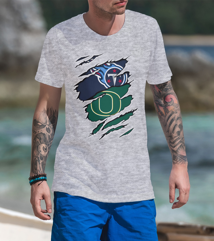 Tennessee Titans And Oregon Ducks Ripped Logo Claw Marks T-Shirt