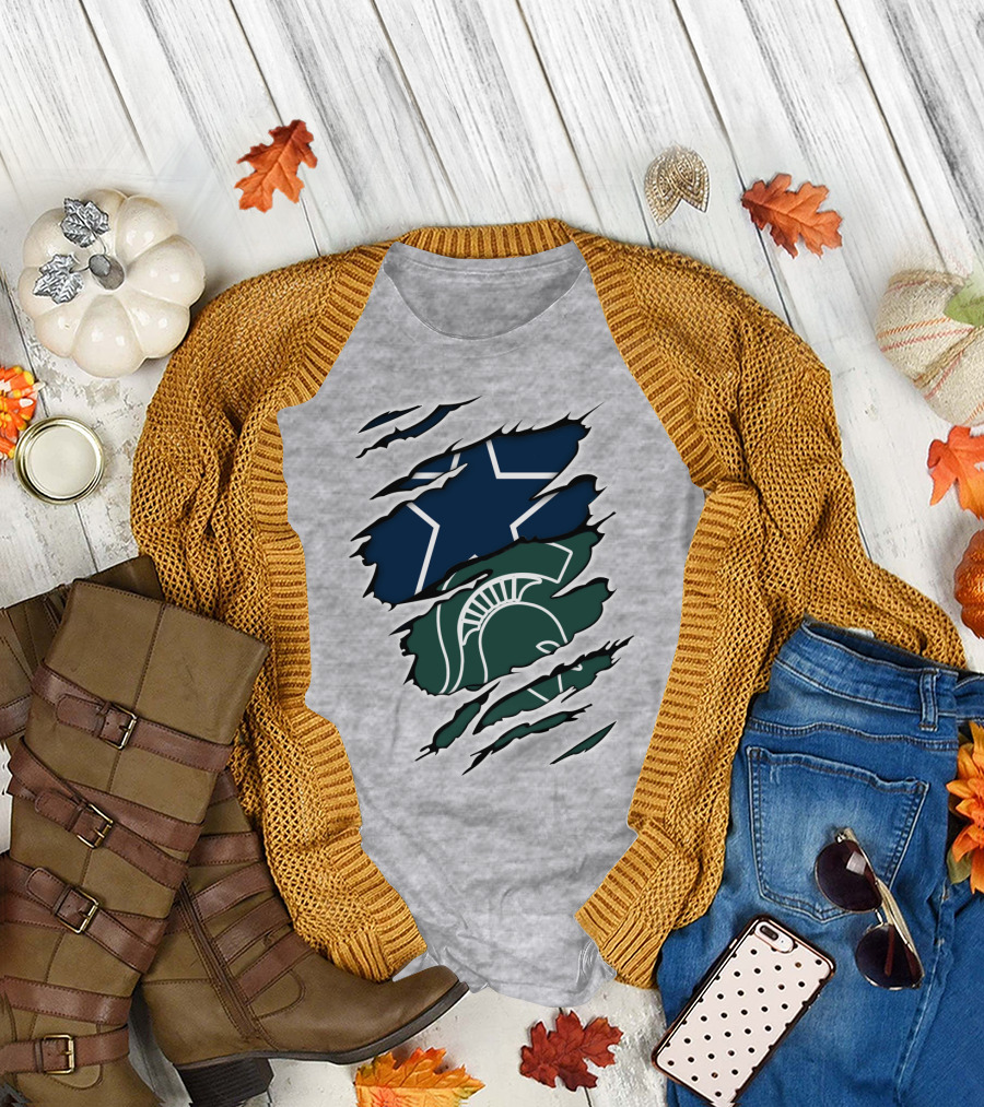 Cowboys Michigan State Spartans Star and Helmet Claw Marks T-Shirt