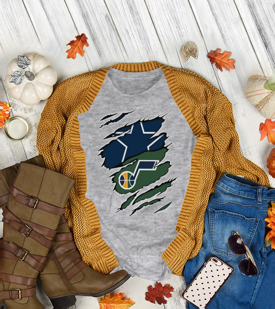 Cowboys Utah Jazz Crossover Logo Football Basketball Fan Combo T-Shirt