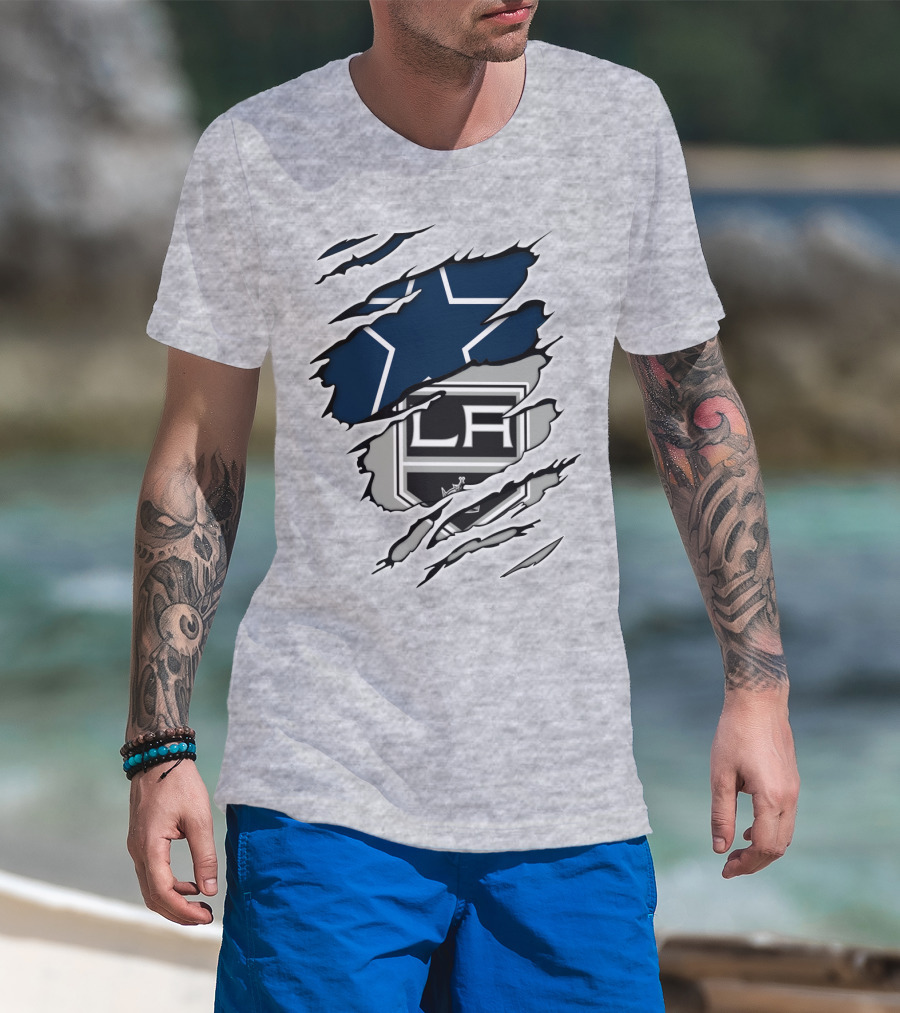 Cowboys Kings LA Logos Behind Torned Blue Star T-Shirt