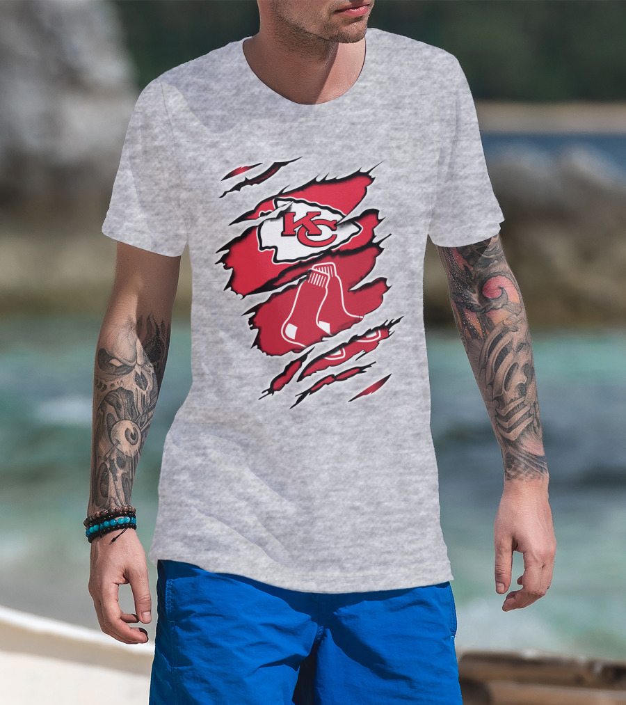 Chiefs Redsox KC Logo And Sox Emblem Torn T-Shirt