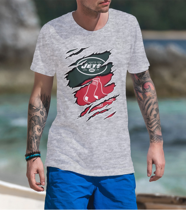 Jets Redsox Torn Logos Green Football Red Socks T-Shirt